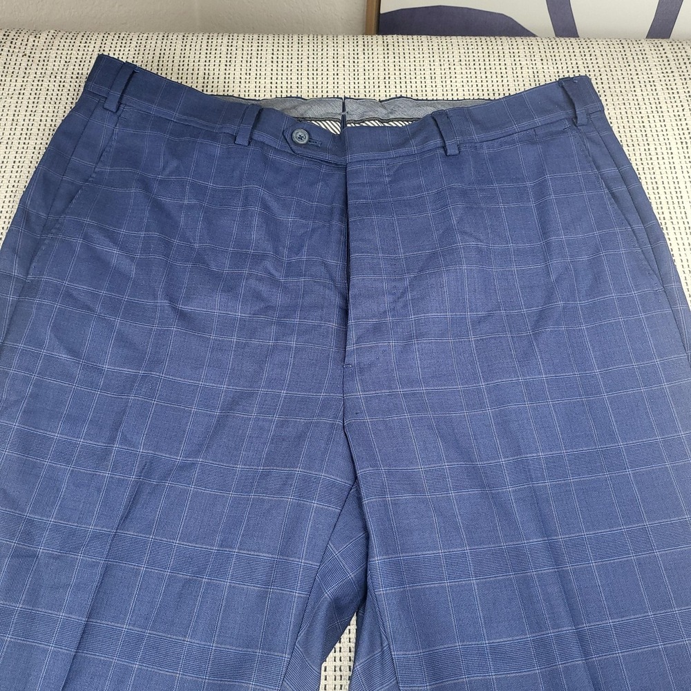 J. Hilburn Dress Pants Mens 36x32 Blue Plaid Slim Fit Flat Front Business Formal